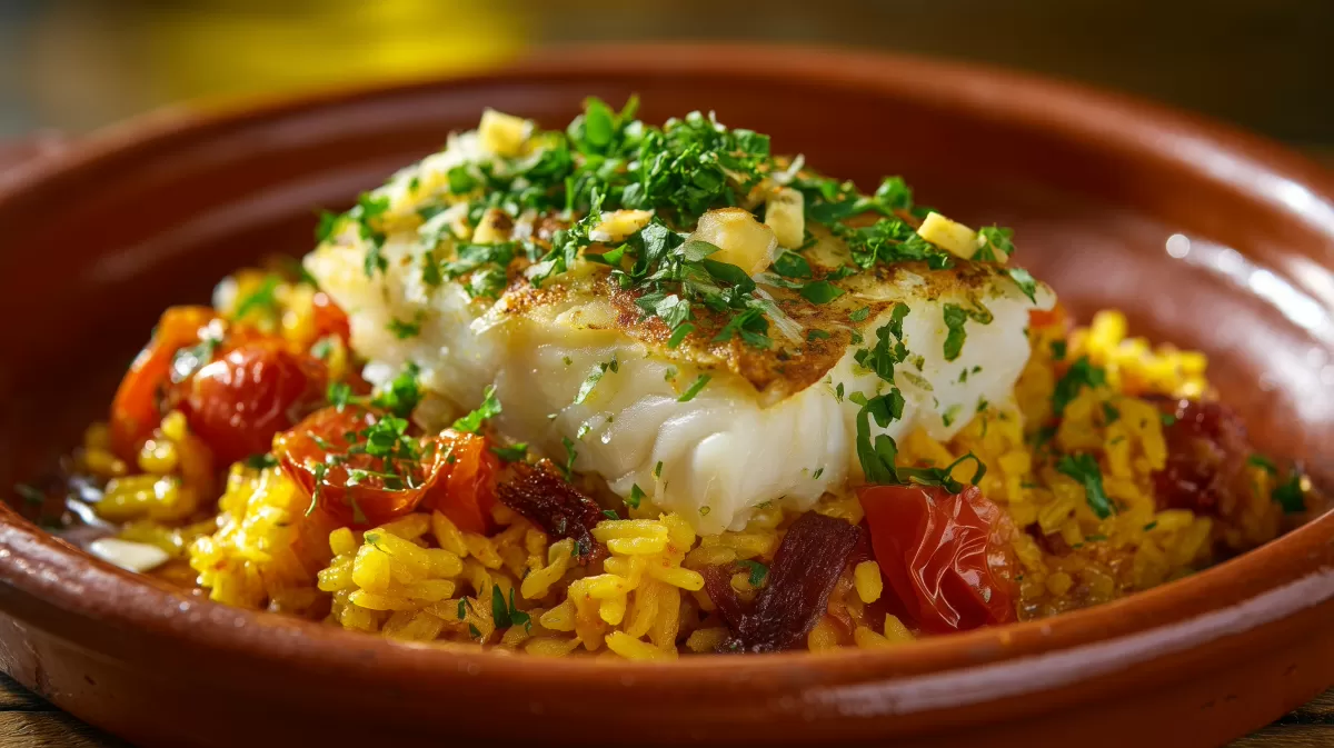 Arroz de Bacalhau Stockfisch Reis in Tonschale
