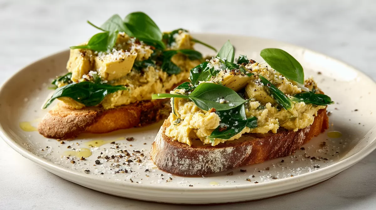 Artischocken Kichererbsen Toast mit Spinat und Olivenöl