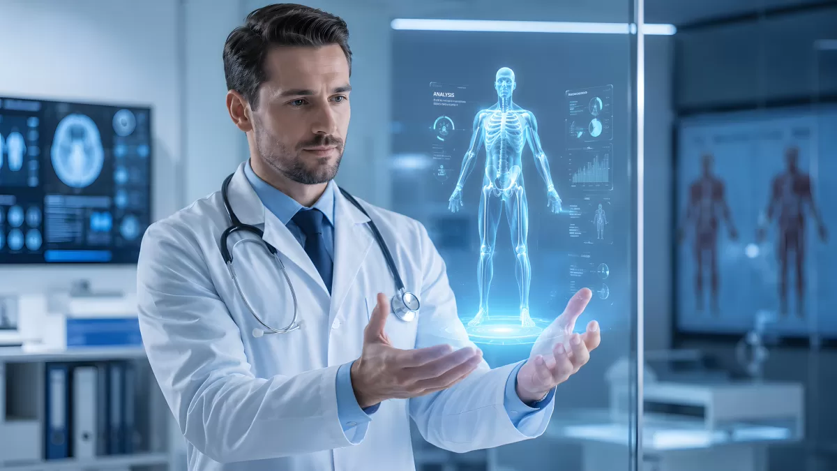 Arzt analysiert digitales Körper-Hologramm im Labor