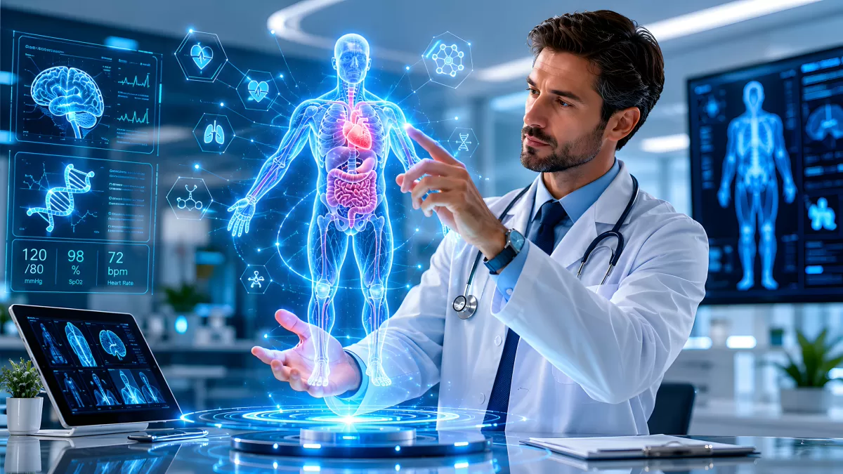 Arzt analysiert holografisches Körpermodell im Labor