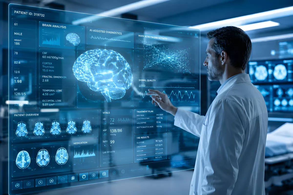 Arzt analysiert KI-gestützte Gehirndiagnostik am Hologramm