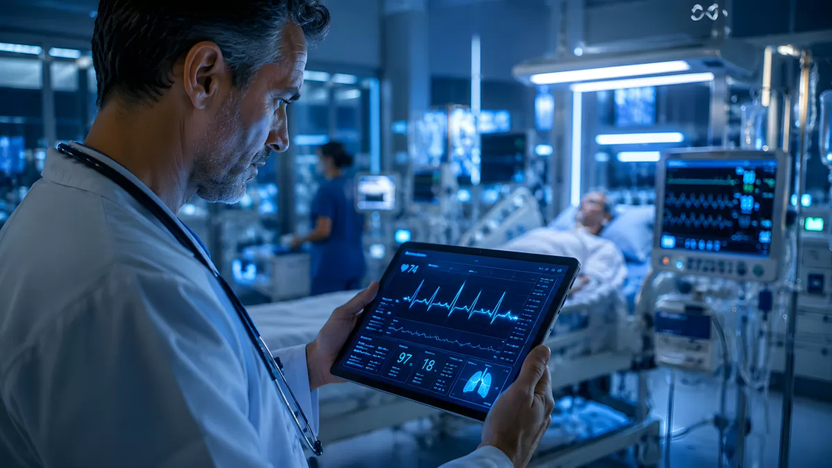 Arzt analysiert Patientendaten auf digitalem Tablet in Klinik