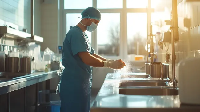 Arzt bei der Händedesinfektion in medizinischer Einrichtung