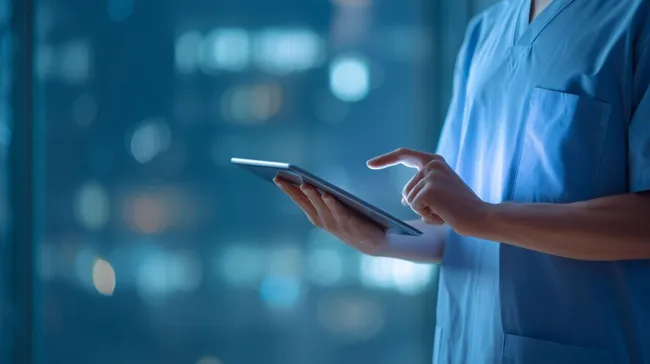 Arzt bei Nachtschicht in Krankenhaus mit Tablet