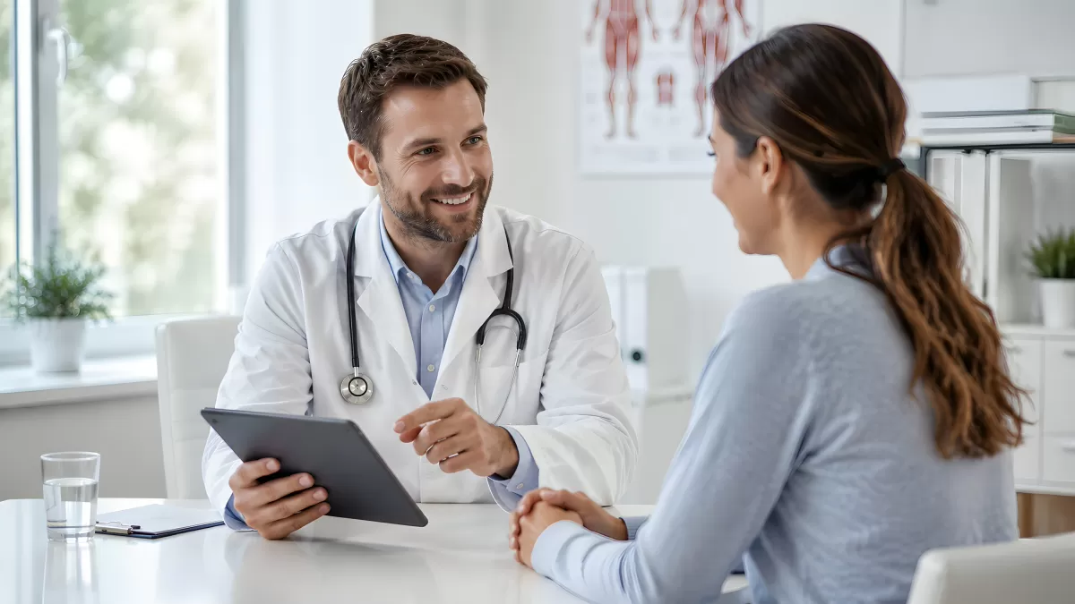 Arzt berät Patientin mit Tablet in heller Praxis