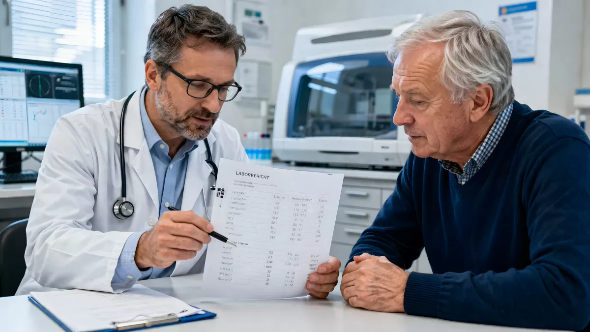 Arzt bespricht Laborbericht mit älterem Patienten