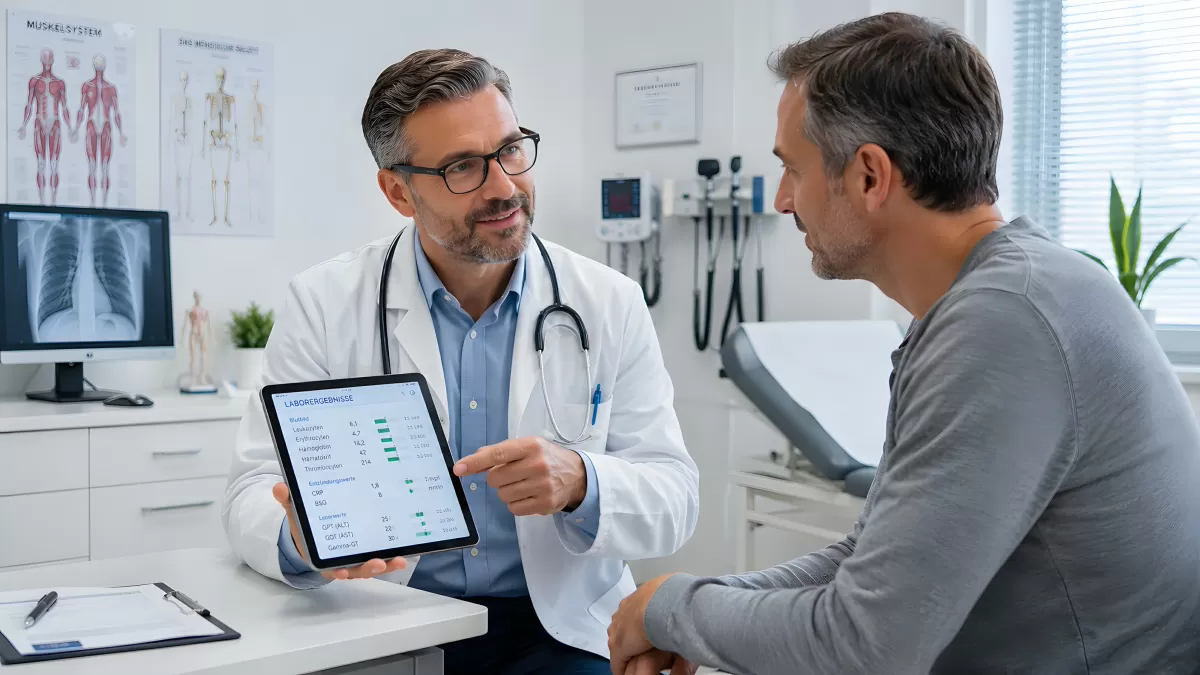 Arzt erklärt Laborergebnisse auf Tablet beim Patientengespräch