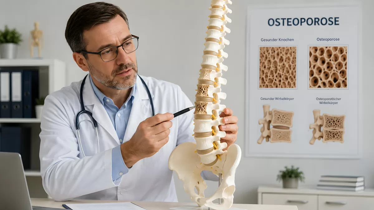 Arzt erklärt Osteoporose anhand eines Wirbelsäulenmodells