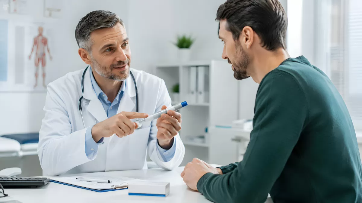 Arzt erklärt Patient Medikament in Praxis