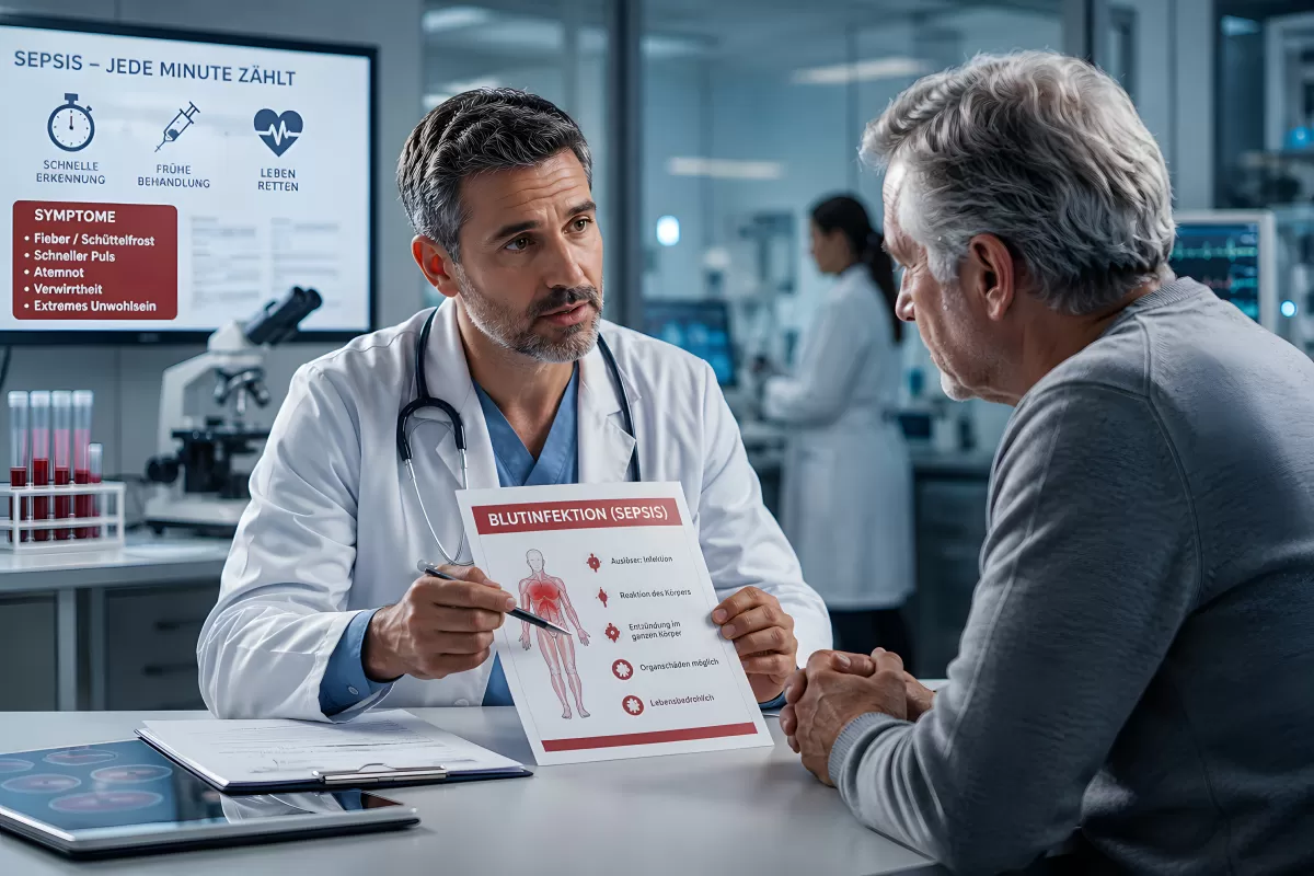 Arzt erklärt Patient Sepsis-Diagnose im Labor