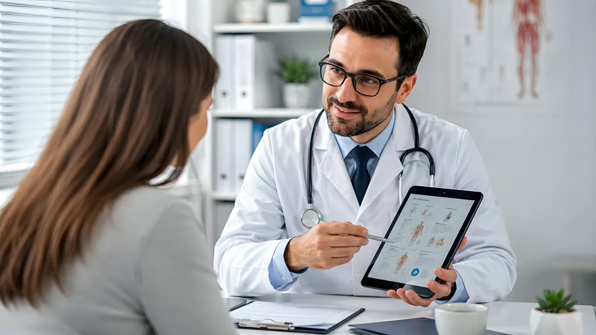 Arzt erklärt Patientin Befund auf digitalem Tablet