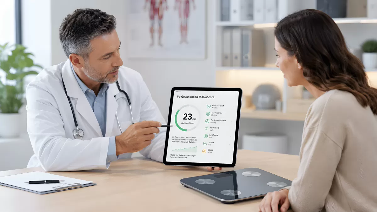Arzt erklärt Patientin digitalen Gesundheits-Risikoscore