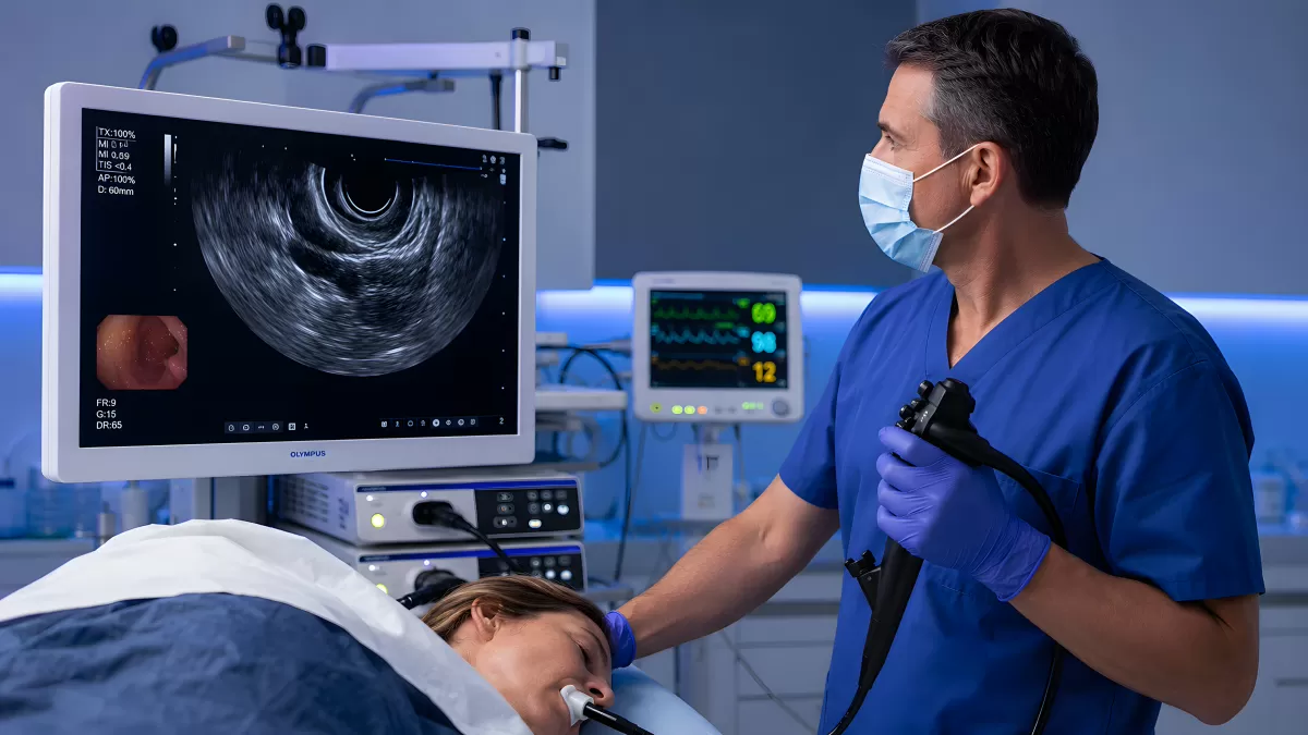 Arzt führt Endoskopie mit Ultraschall-Bildschirm durch