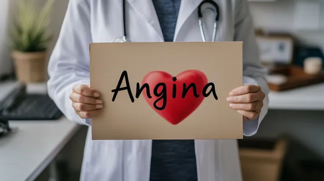Arzt hält Herzsymbol mit Angina-Aufschrift