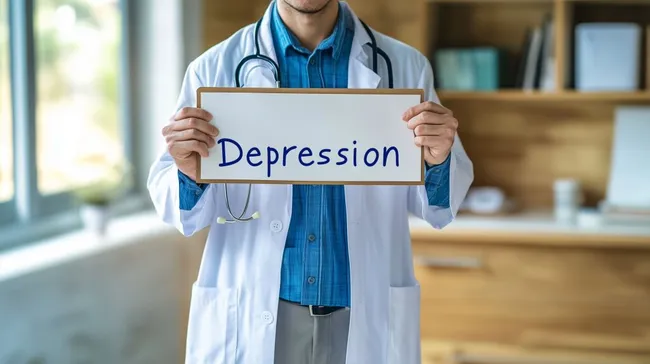 Arzt hält Schild mit Aufschrift 'Depression' in Praxis