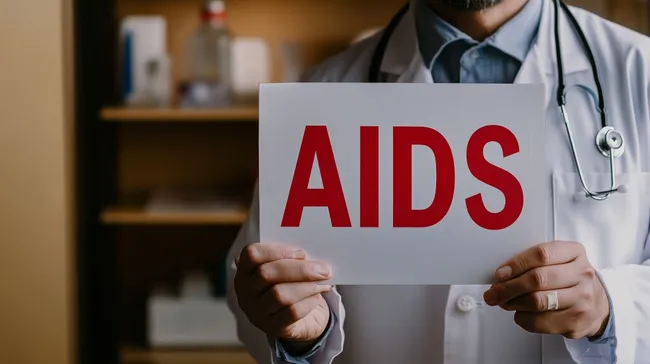 Arzt hält Schild mit dem Wort 'AIDS'