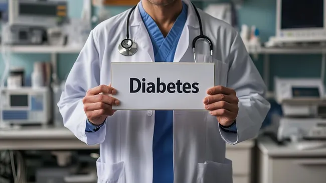 Arzt hält Schild mit Diabetes-Diagnose in Klinik