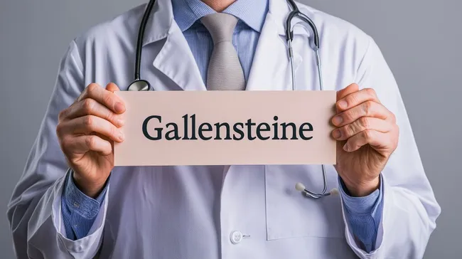 Arzt hält Schild mit Gallenstein-Diagnose