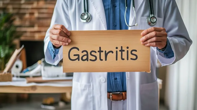 Arzt hält Schild mit Gastritis-Diagnose in Praxis