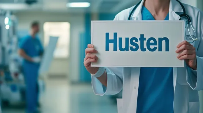 Arzt hält Schild mit 'Husten'-Aufschrift im Krankenhausflur