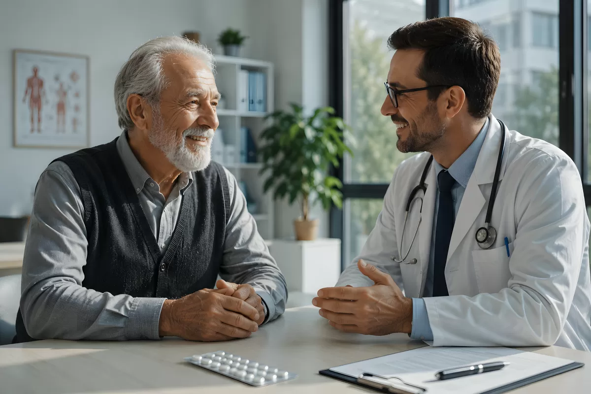 Arzt im Gespräch mit älterem Patient in Praxis