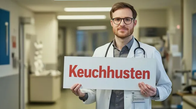 Arzt im Krankenhaus hält Schild mit Keuchhusten-Aufschrift