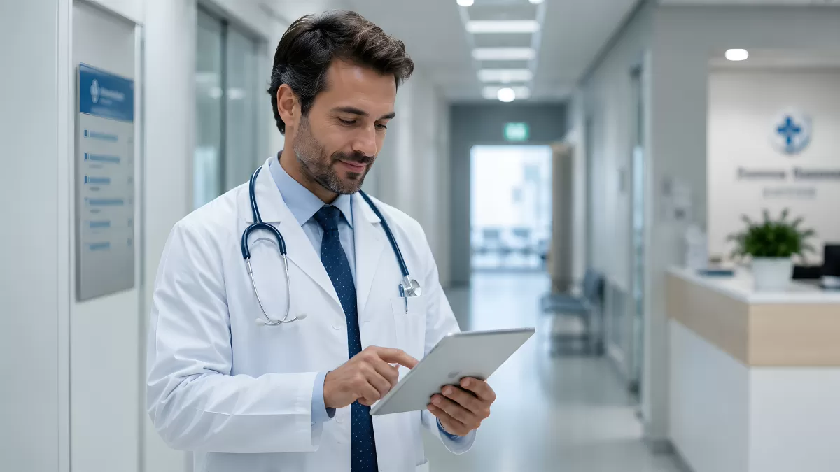 Arzt im Krankenhaus liest Patientendaten auf Tablet