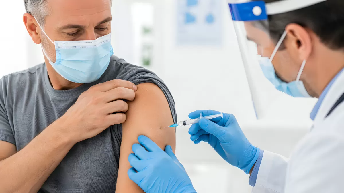 Arzt impft Patienten mit Spritze im Arm