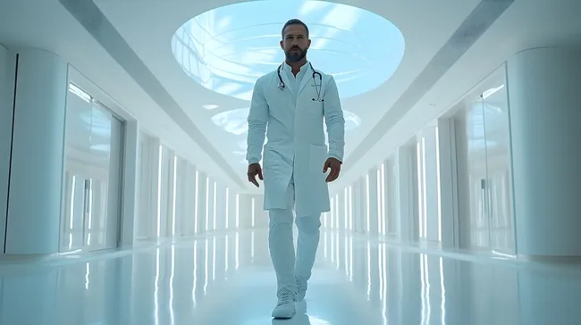 Arzt in weißer Uniform durchquert hell erleuchteten Klinikflur