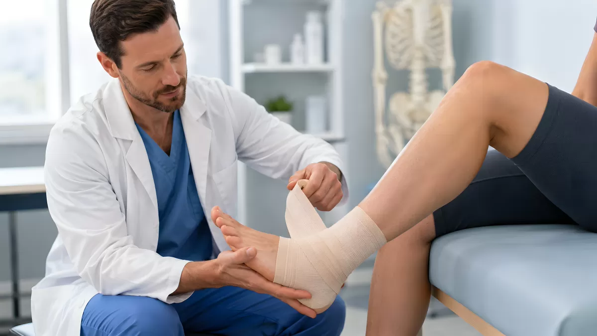 Arzt legt Bandage an verletztem Fuß einer Patientin