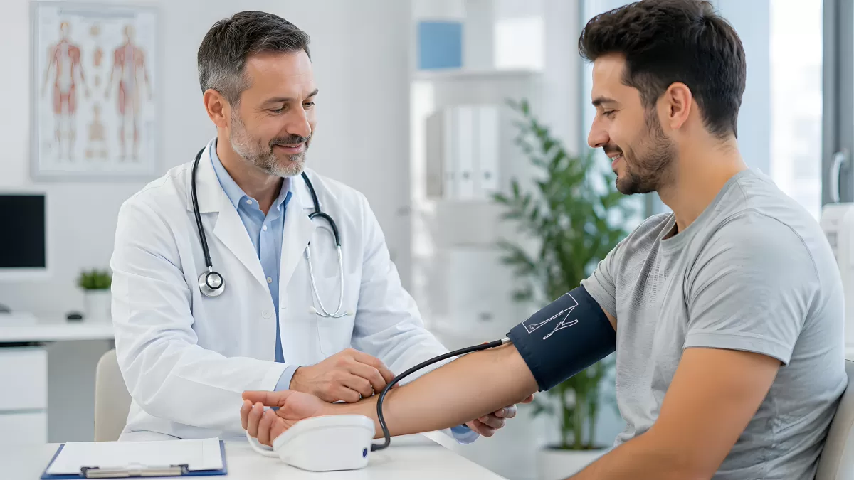 Arzt misst Blutdruck beim Patienten in Praxis