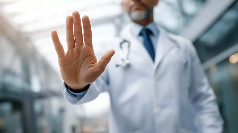 Arzt mit ausgestreckter Hand zum Stopp