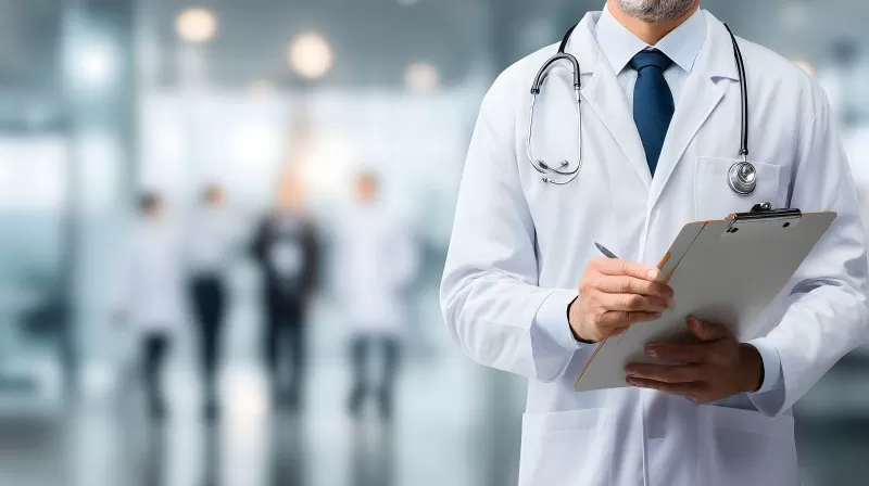 Arzt mit Klemmbrett im modernen Krankenhausflur