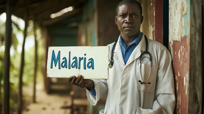Arzt mit Malaria-Schild in ländlicher Umgebung