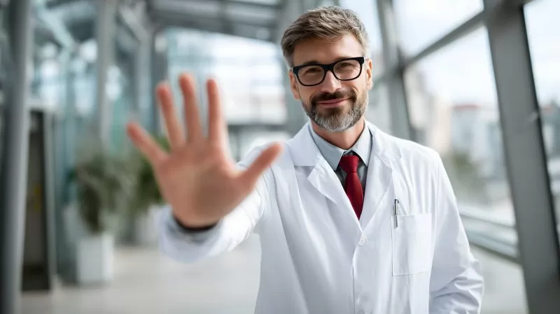 Arzt mit Stopp-Geste und Lächeln