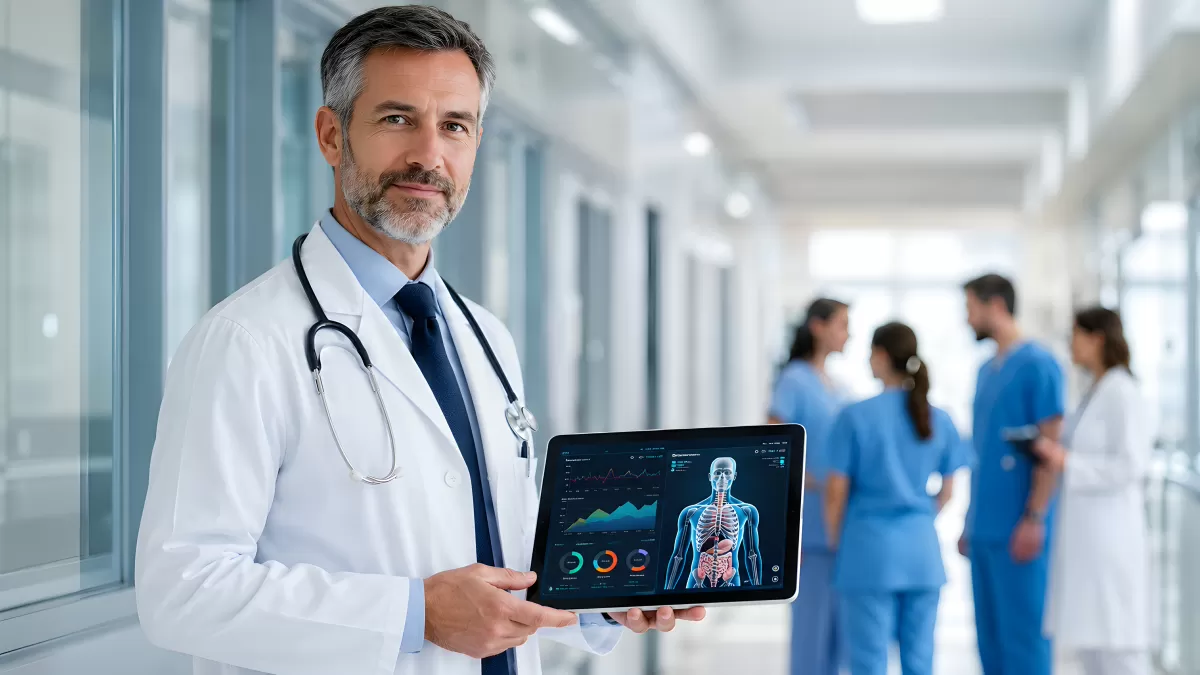 Arzt mit Tablet zeigt digitale Körperanalyse im Krankenhaus