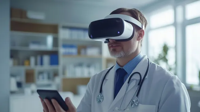 Arzt mit Virtual-Reality-Brille in Klinikbüro