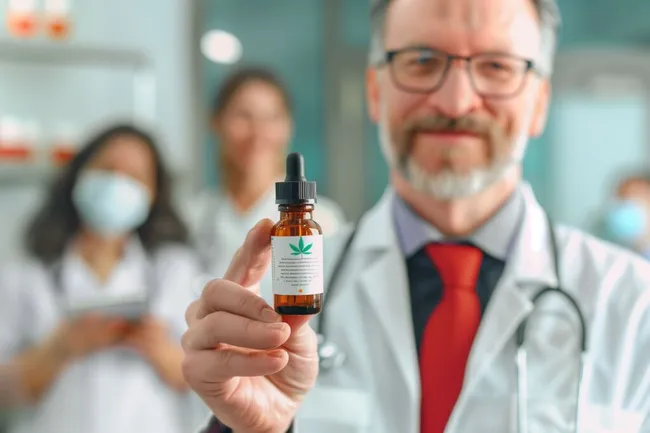 Arzt präsentiert CBD-Öl-Flasche in medizinischer Umgebung