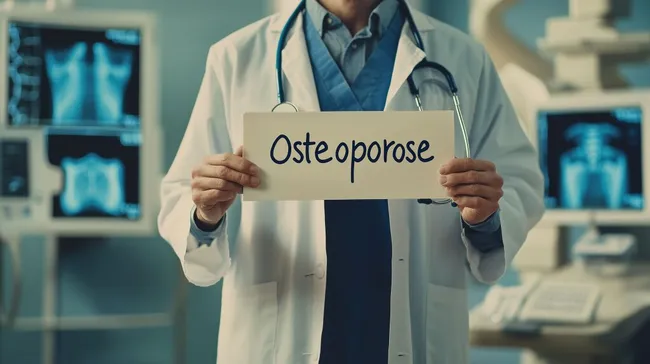 Arzt präsentiert Osteoporose-Schild in Radiologie