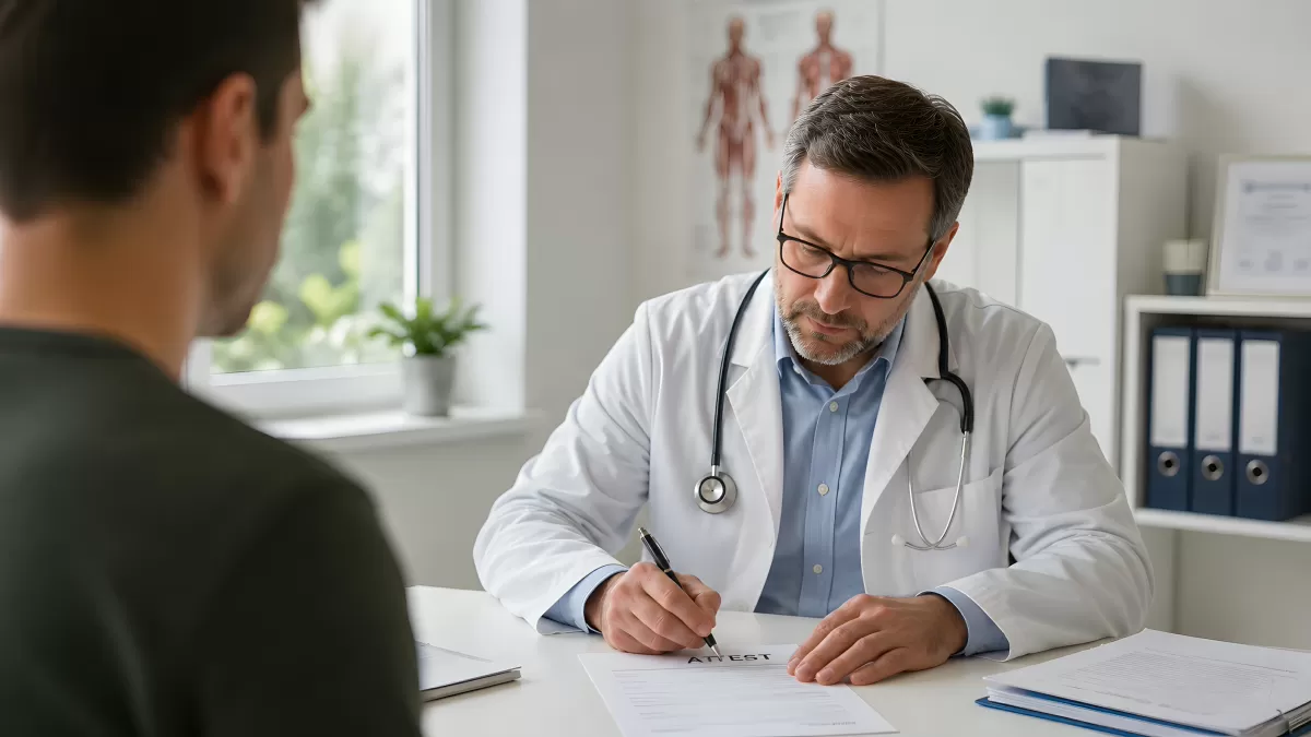 Arzt schreibt Attest für Patienten in der Praxis