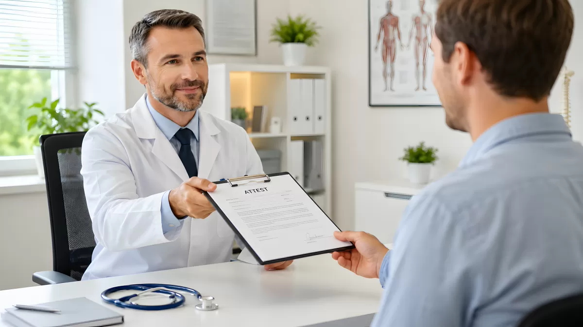 Arzt übergibt Attest an Patienten in Praxis