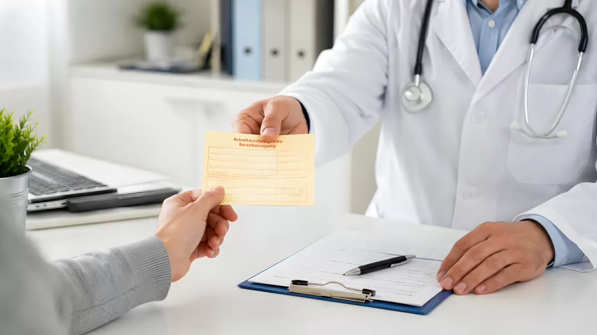 Arzt übergibt Patient Arbeitsunfähigkeitsbescheinigung