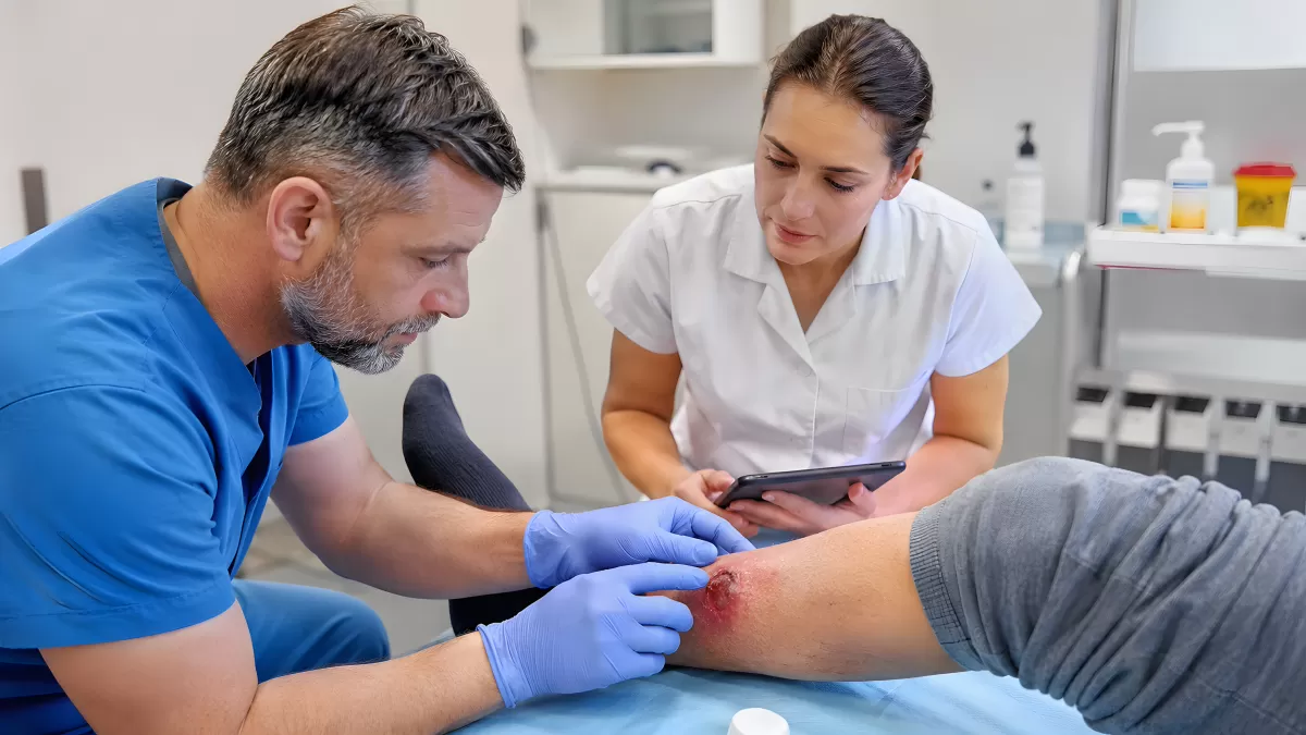 Arzt untersucht Kniewunde beim Patienten in Klinik