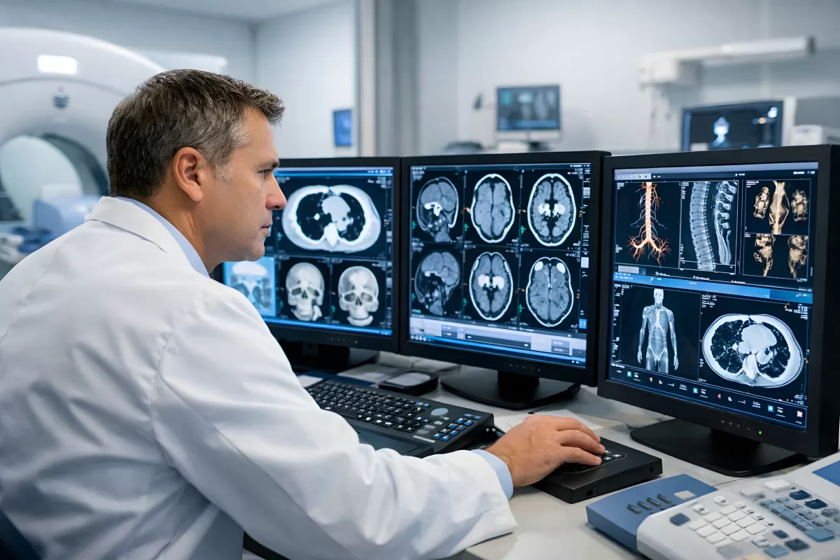 Arzt untersucht MRT-Bilder des menschlichen Gehirns