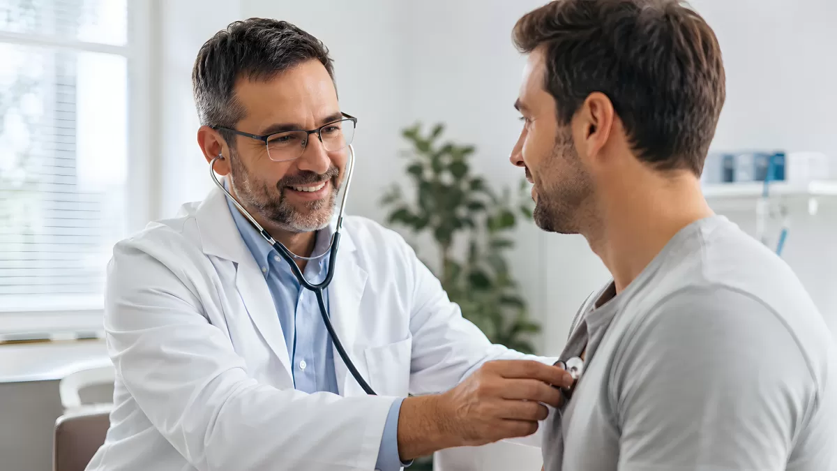 Arzt untersucht Patienten mit Stethoskop in Praxis