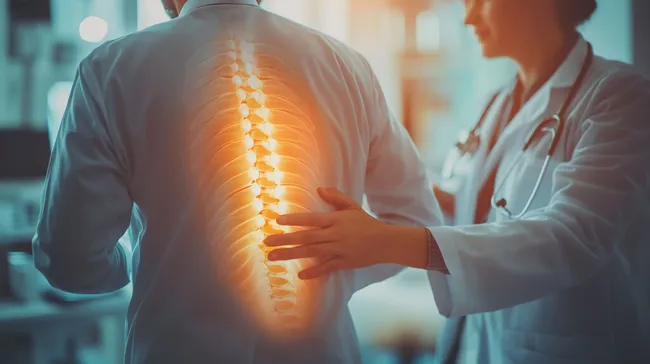 Arzt untersucht Wirbelsäule des Patienten