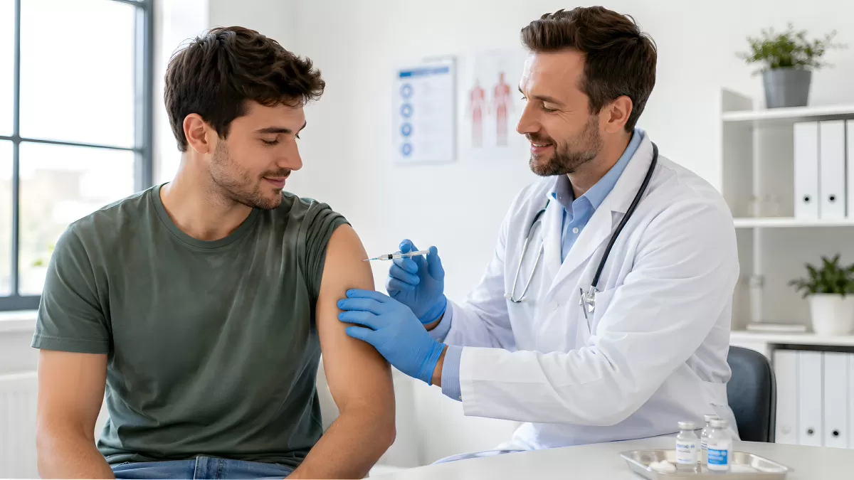 Arzt verabreicht Patient eine Spritze in der Praxis