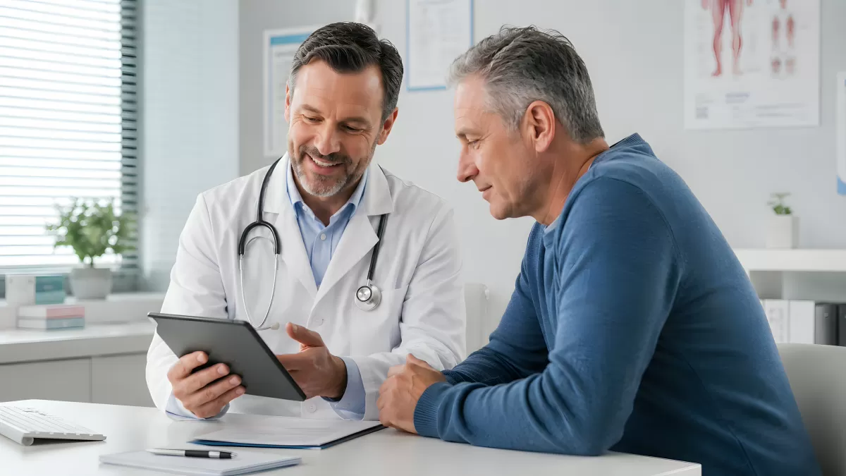 Arzt zeigt Patient Befund auf dem Tablet