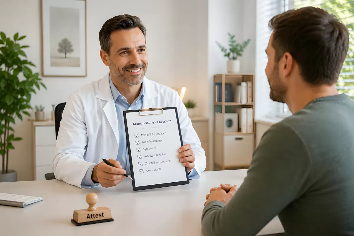 Arzt zeigt Patient Krankmeldung-Checkliste in Praxis