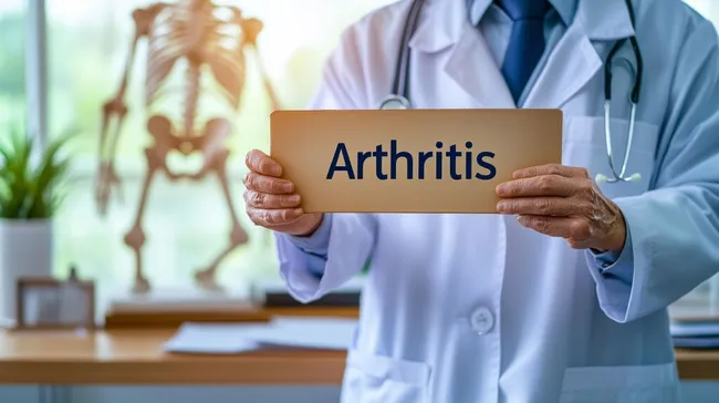 Arzt zeigt Schild mit Arthritis-Diagnose in Praxis